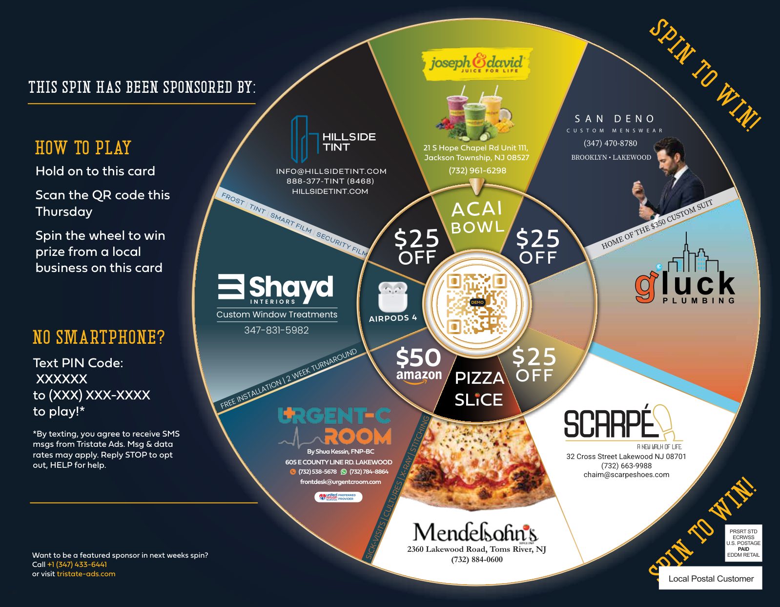 The full Tristate Ads mail card: a prize wheel of local sponsor businesses, with the How To Play instructions and the SMS opt-in disclosure down the left side.